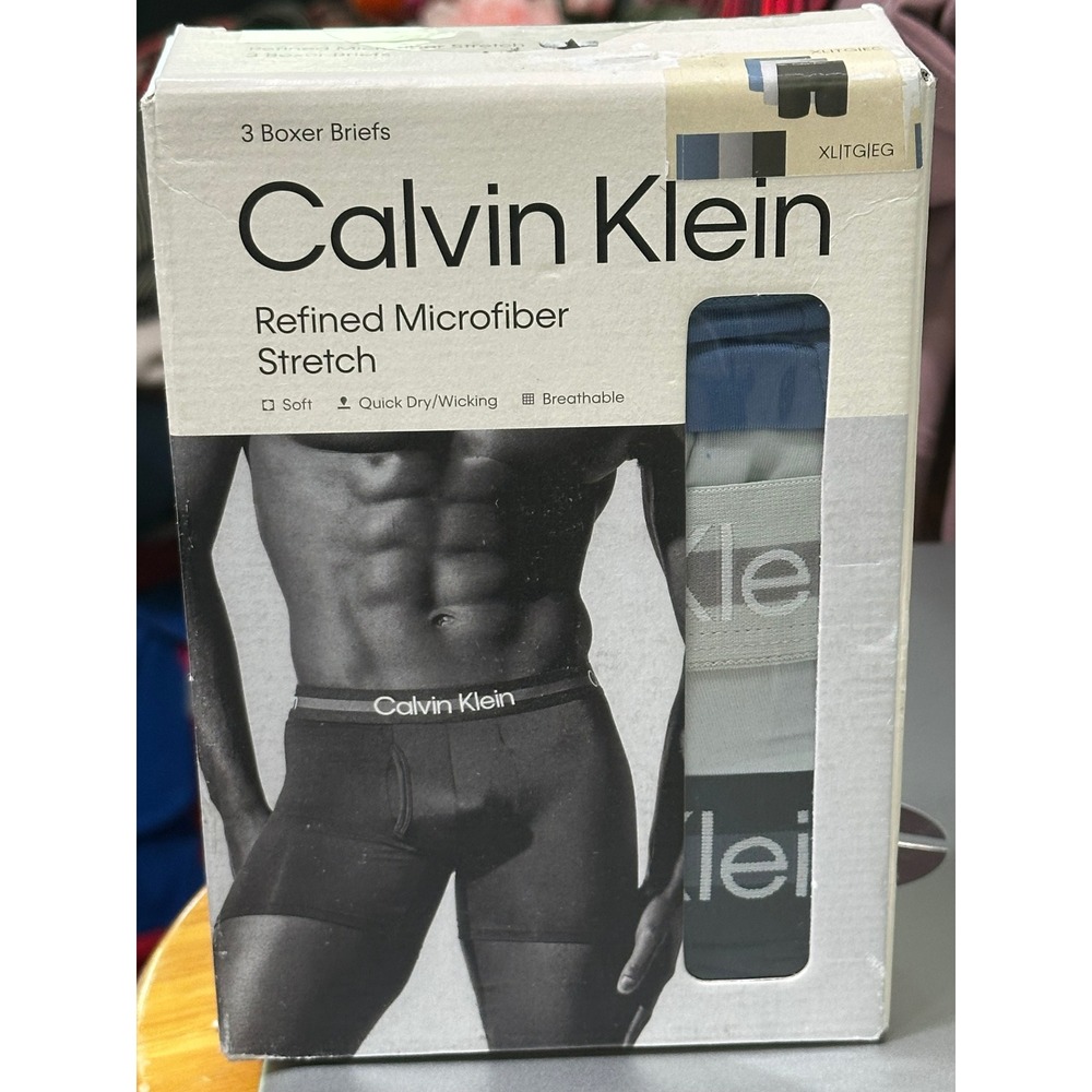 Calvin Klein Mens 3 Pack Refined Microfiber Stretch Boxer Briefs XL Blue Grey